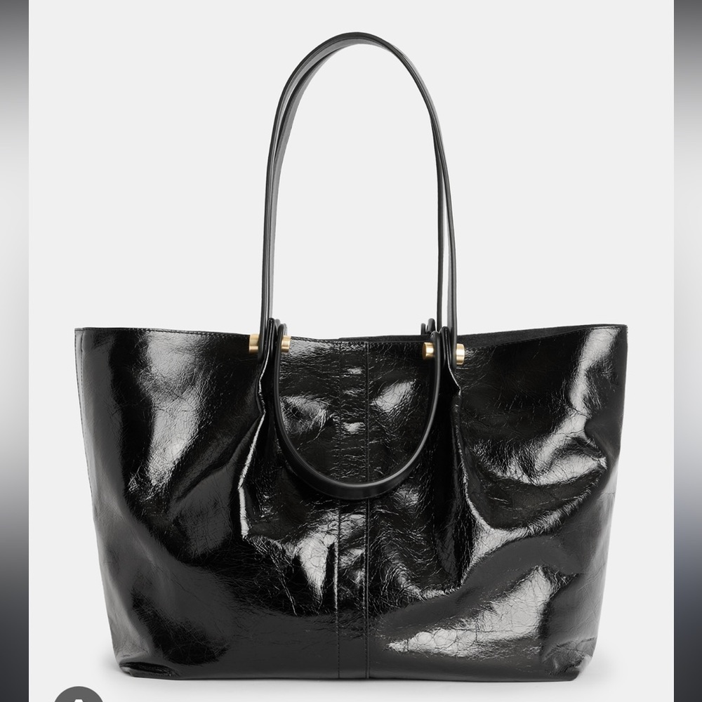 All Saints Black Leather Tote Bag Glossy Finish Gold Hardware